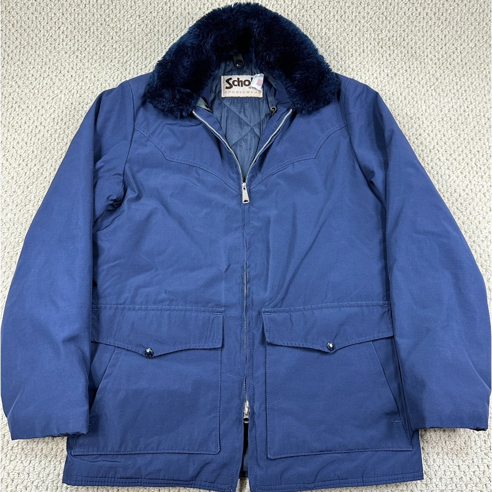 Vintage Schott NYC Sportswear Coat Mens M Blue Quilt Lined Fur Collar USA Made